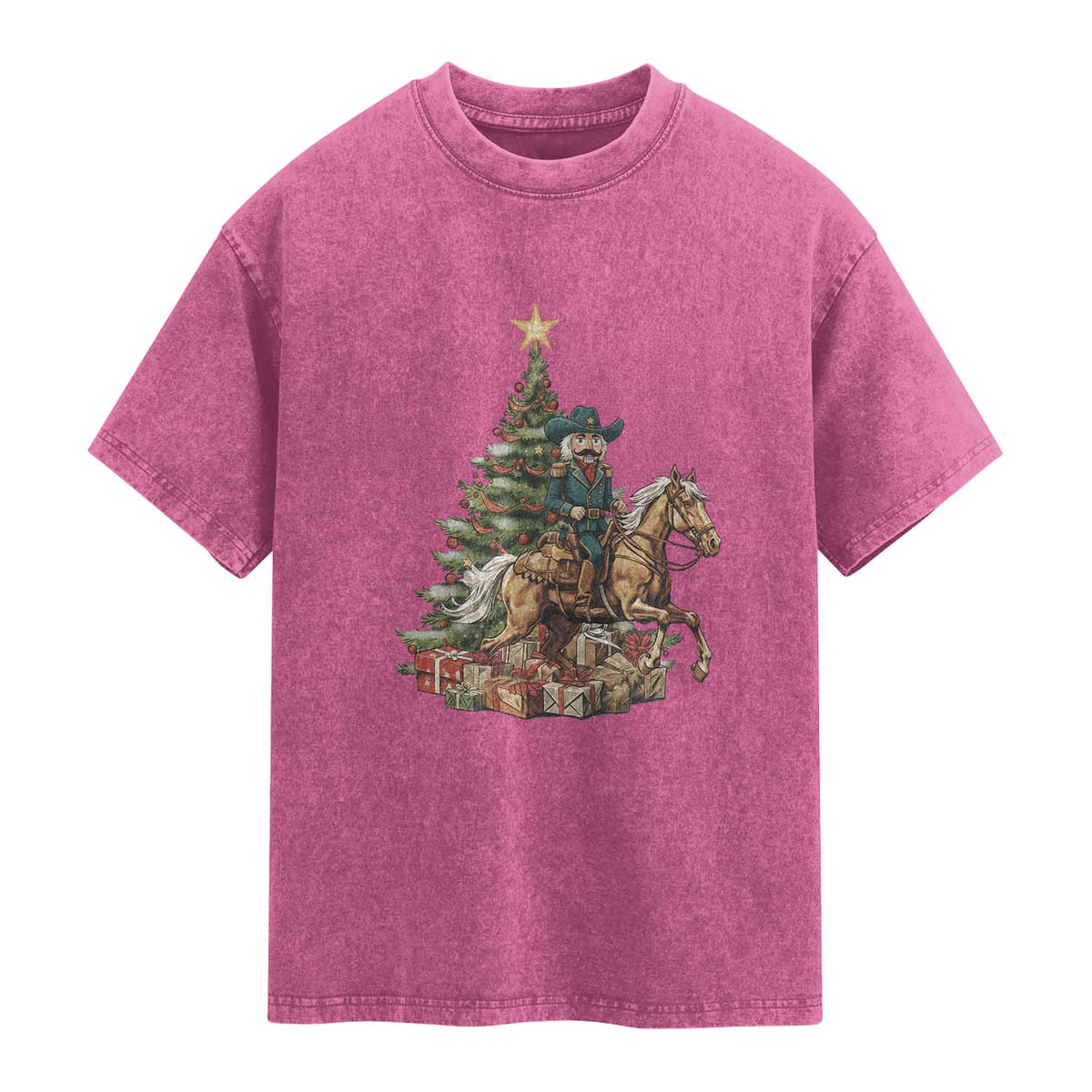Funny Nutcracker Riding Horse Washed Cotton T-Shirt Western Life Christmas Gift