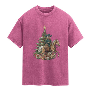 Funny Nutcracker Riding Horse Washed Cotton T-Shirt Western Life Christmas Gift