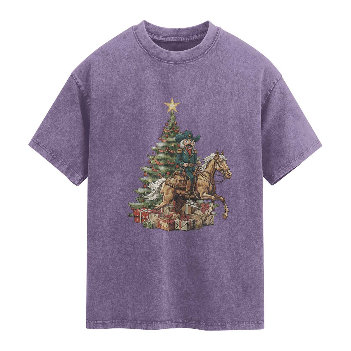 Funny Nutcracker Riding Horse Washed Cotton T-Shirt Western Life Christmas Gift