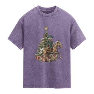 Funny Nutcracker Riding Horse Washed Cotton T-Shirt Western Life Christmas Gift