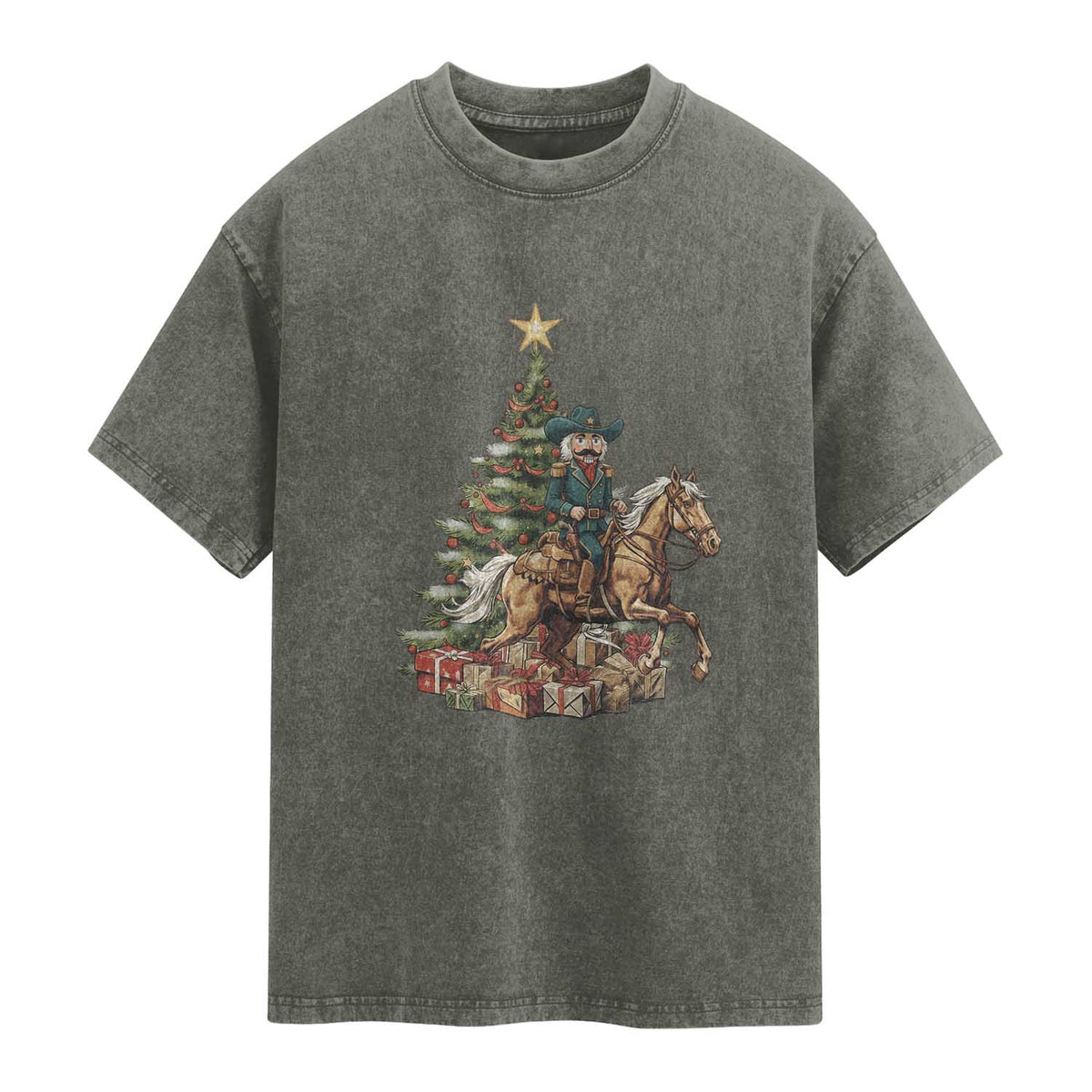 Funny Nutcracker Riding Horse Washed Cotton T-Shirt Western Life Christmas Gift