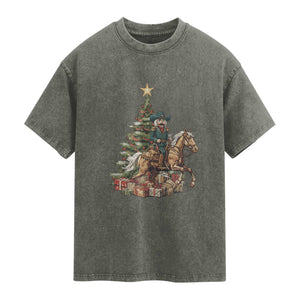 Funny Nutcracker Riding Horse Washed Cotton T-Shirt Western Life Christmas Gift
