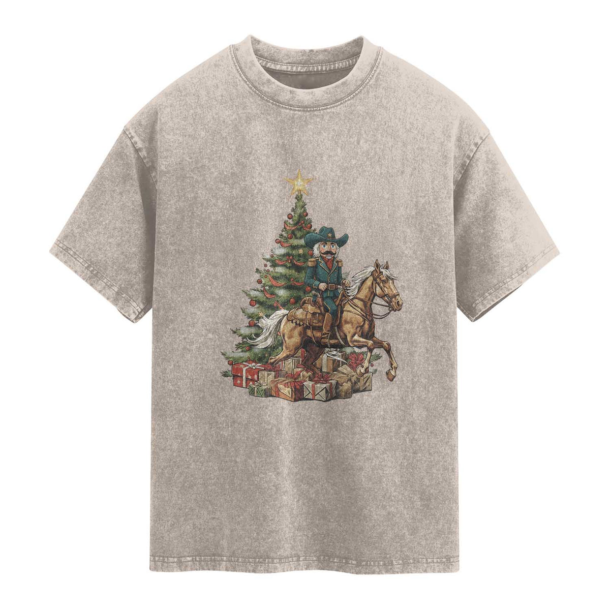Funny Nutcracker Riding Horse Washed Cotton T-Shirt Western Life Christmas Gift