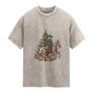 Funny Nutcracker Riding Horse Washed Cotton T-Shirt Western Life Christmas Gift