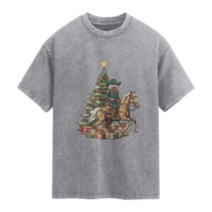 Funny Nutcracker Riding Horse Washed Cotton T-Shirt Western Life Christmas Gift