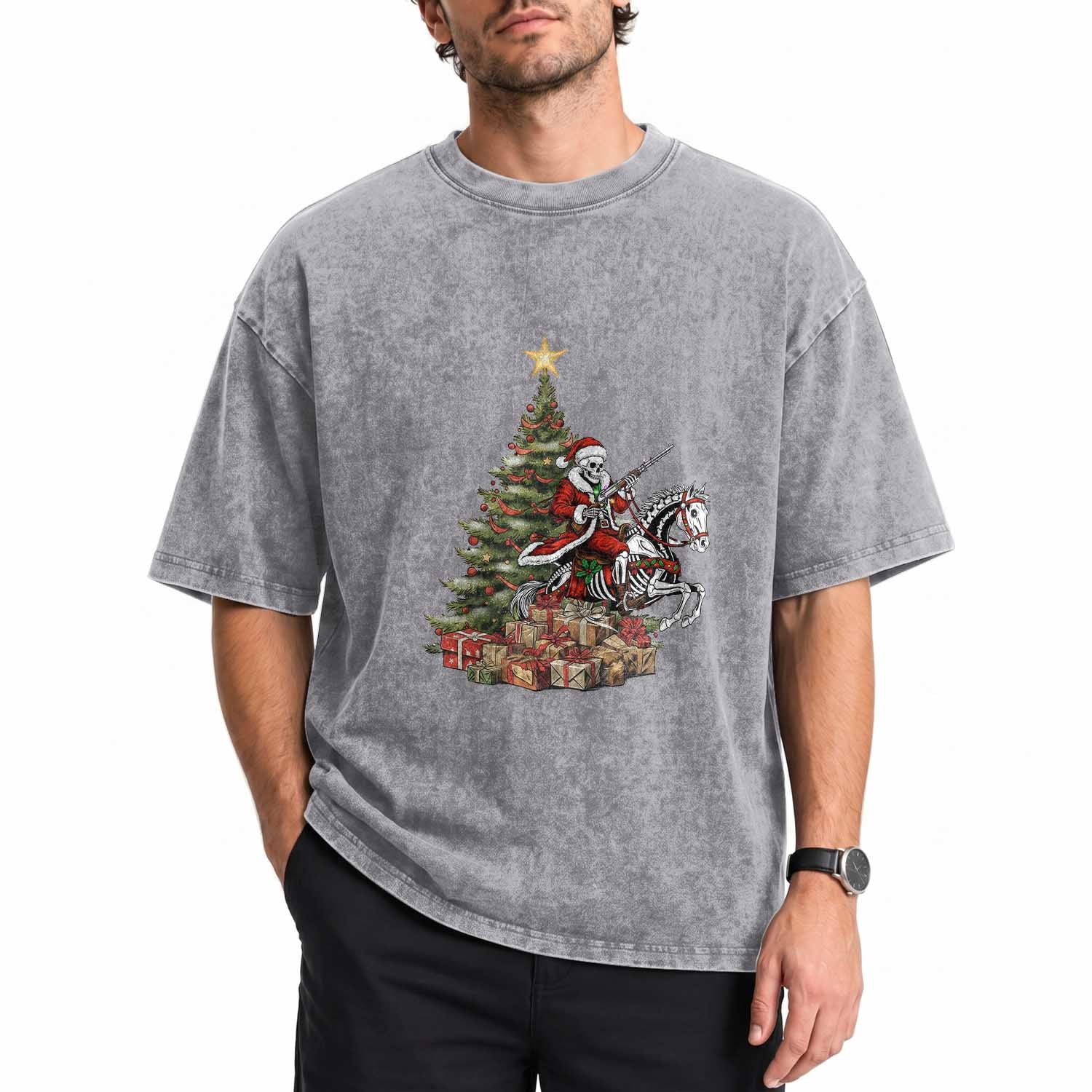 Outlaw Cowboy On Skeleton Horse Washed Cotton T-Shirt Dark Western Christmas