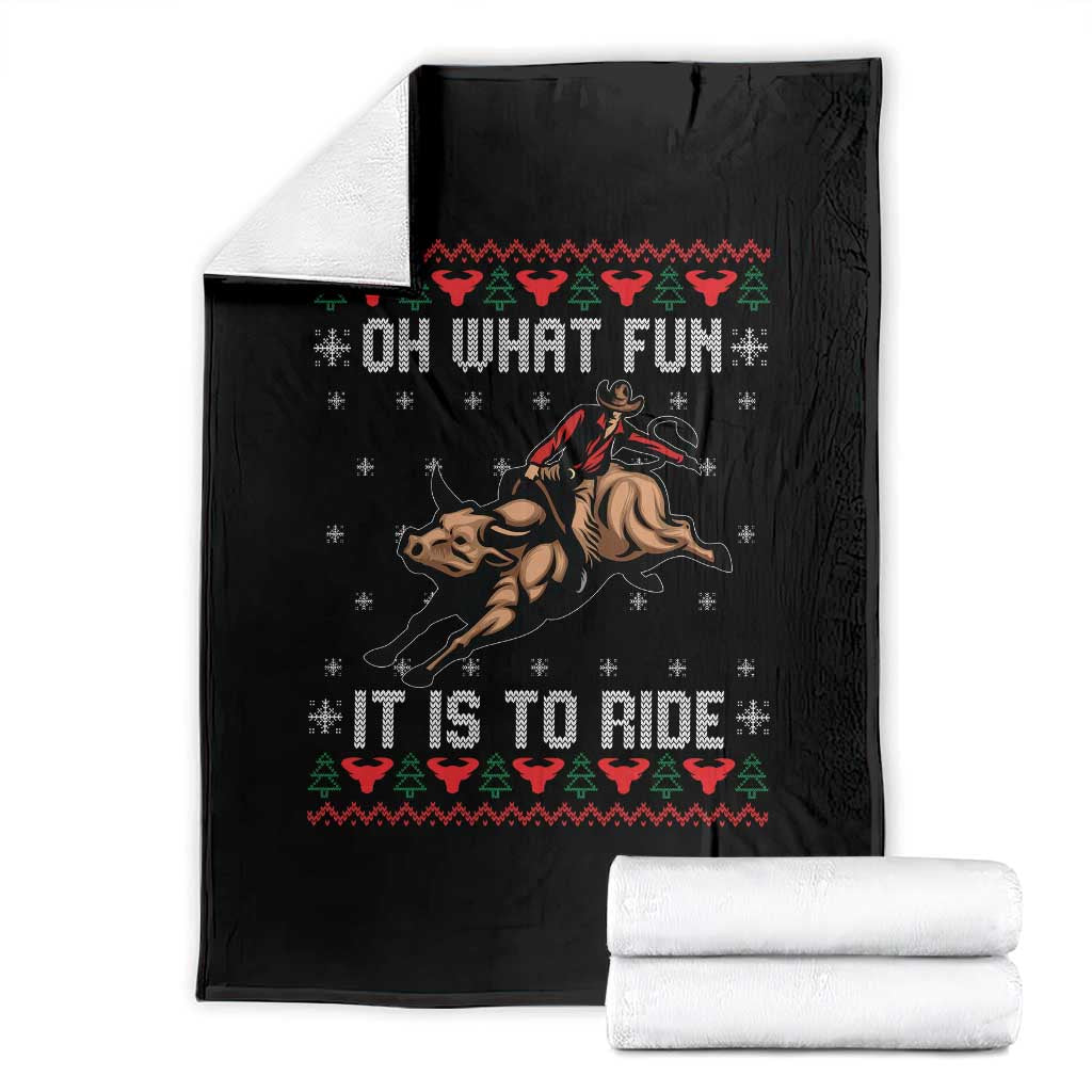 Western Bull Riding Ugly Christmas Throw Blanket Oh What Fun It Is To Ride TS12 Black Print Your Wear