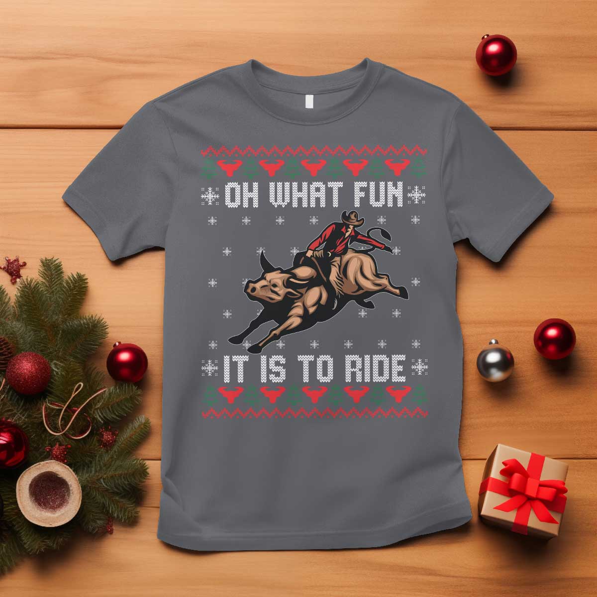 Western Bull Riding Ugly Christmas T Shirt Oh What Fun It Is To Ride TS12 Charcoal Print Your Wear