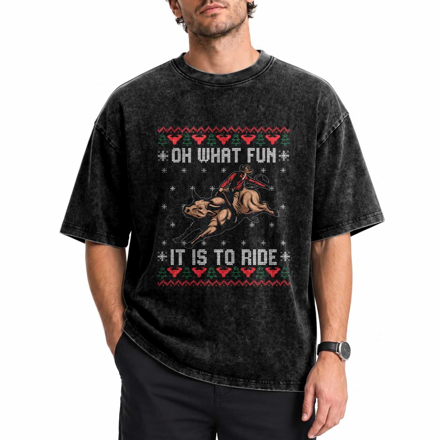 Western Bull Riding Ugly Christmas Washed Cotton T-Shirt Oh What Fun It Is To Ride