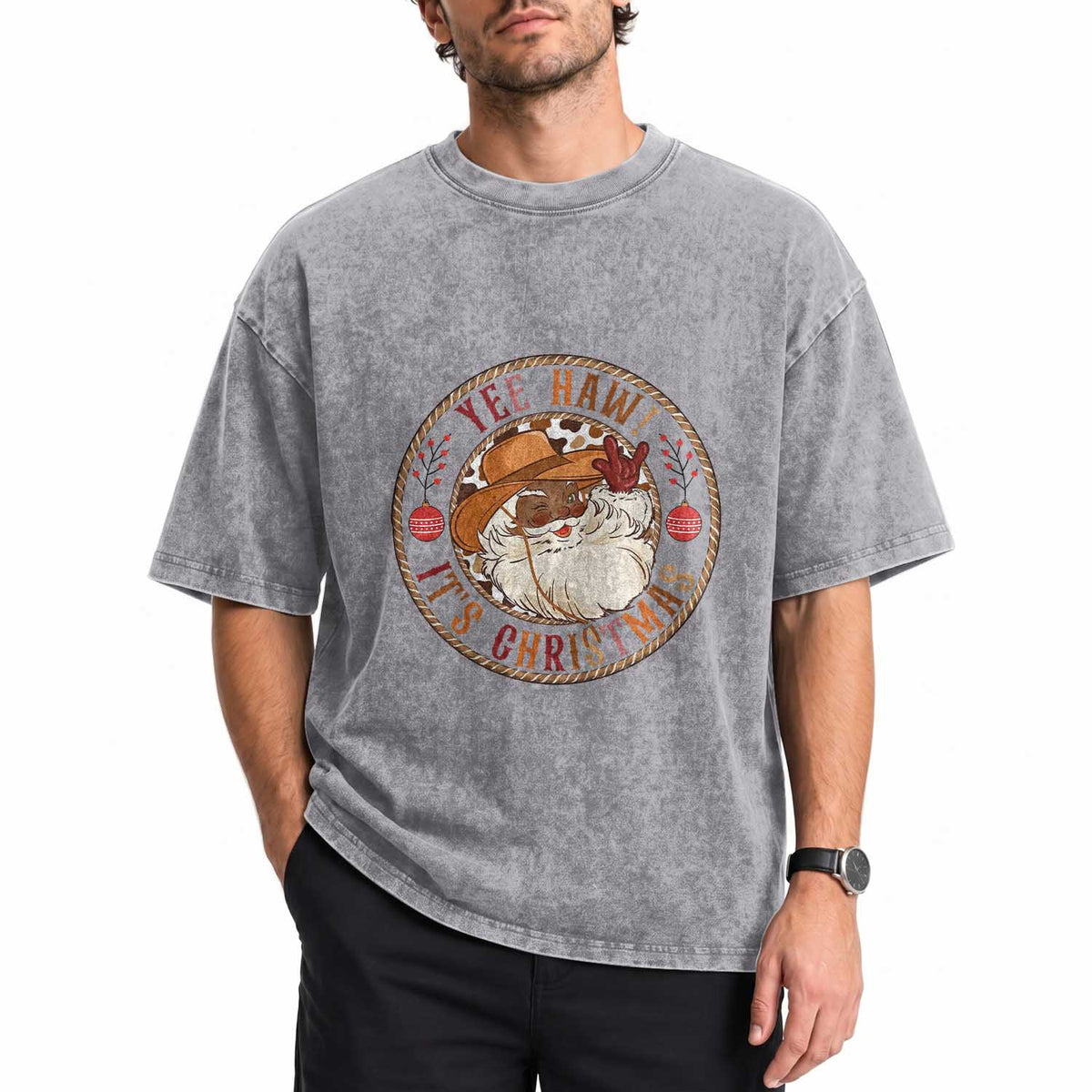 Yee Haw It Is Christmas Washed Cotton T-Shirt Funny Black Santa Cowboy