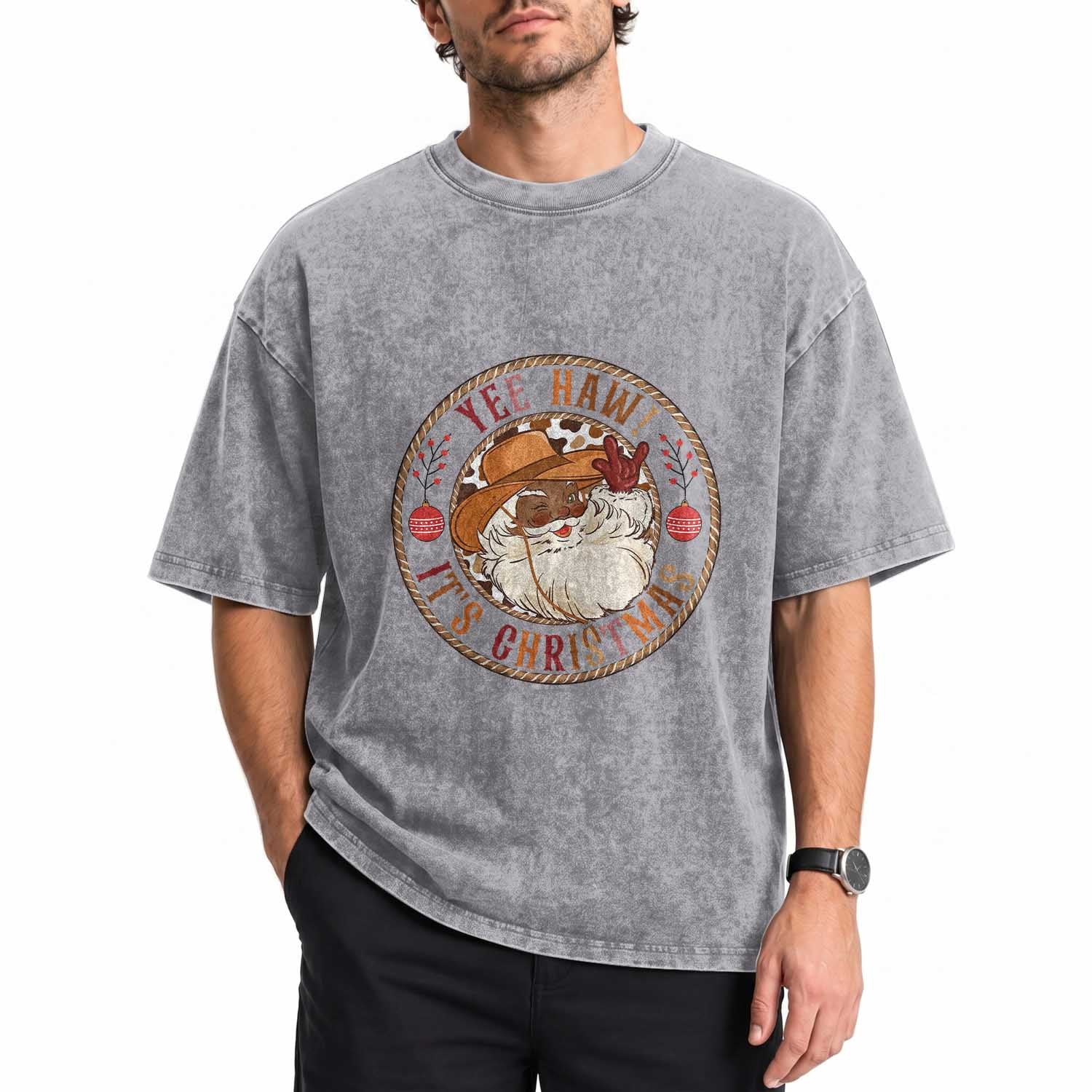 Yee Haw It Is Christmas Washed Cotton T-Shirt Funny Black Santa Cowboy
