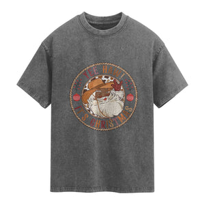 Yee Haw It Is Christmas Washed Cotton T-Shirt Funny Black Santa Cowboy