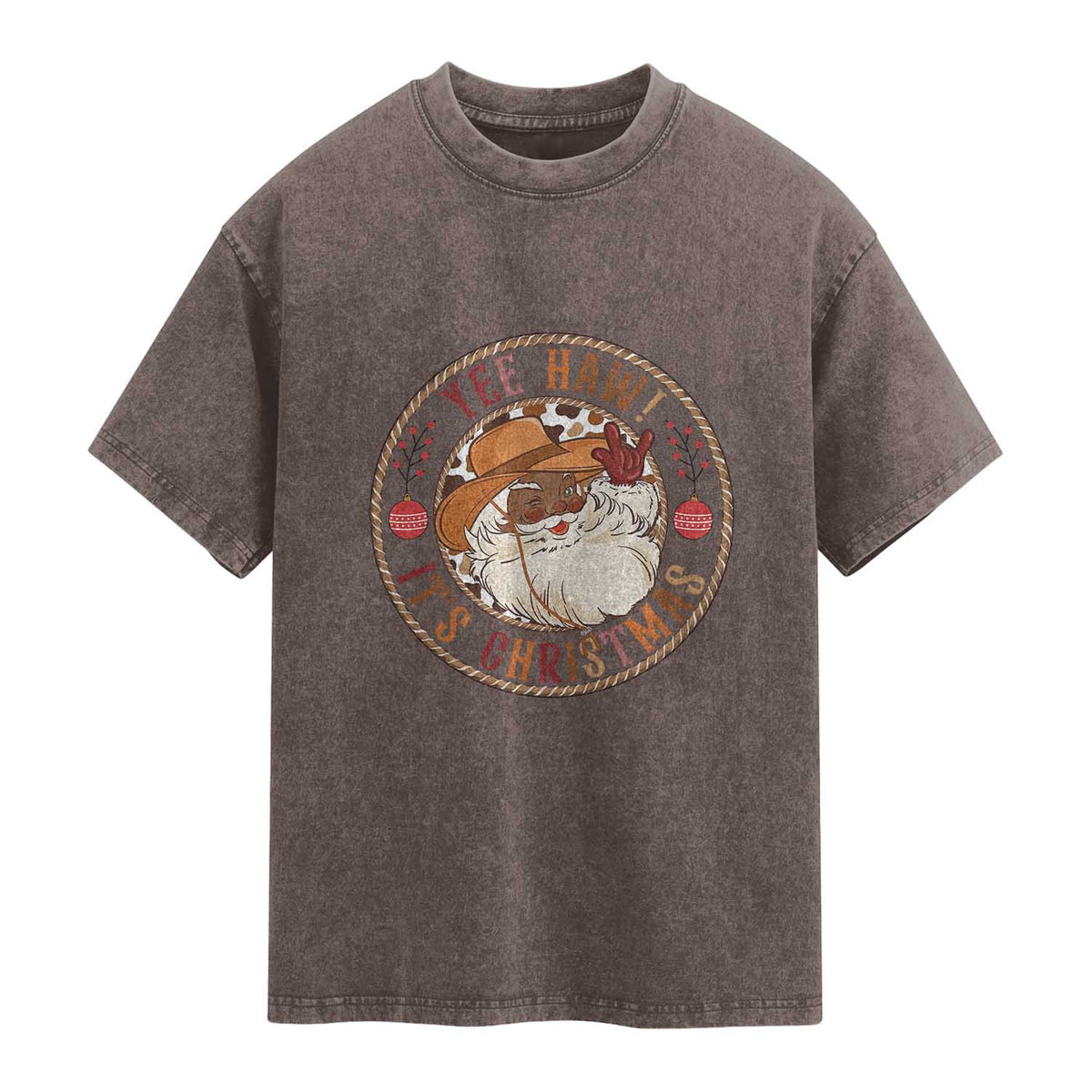 Yee Haw It Is Christmas Washed Cotton T-Shirt Funny Black Santa Cowboy