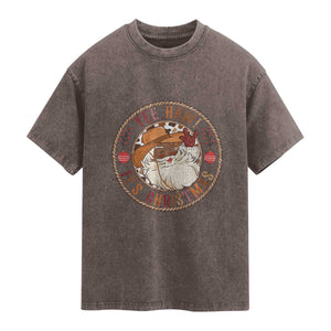 Yee Haw It Is Christmas Washed Cotton T-Shirt Funny Black Santa Cowboy