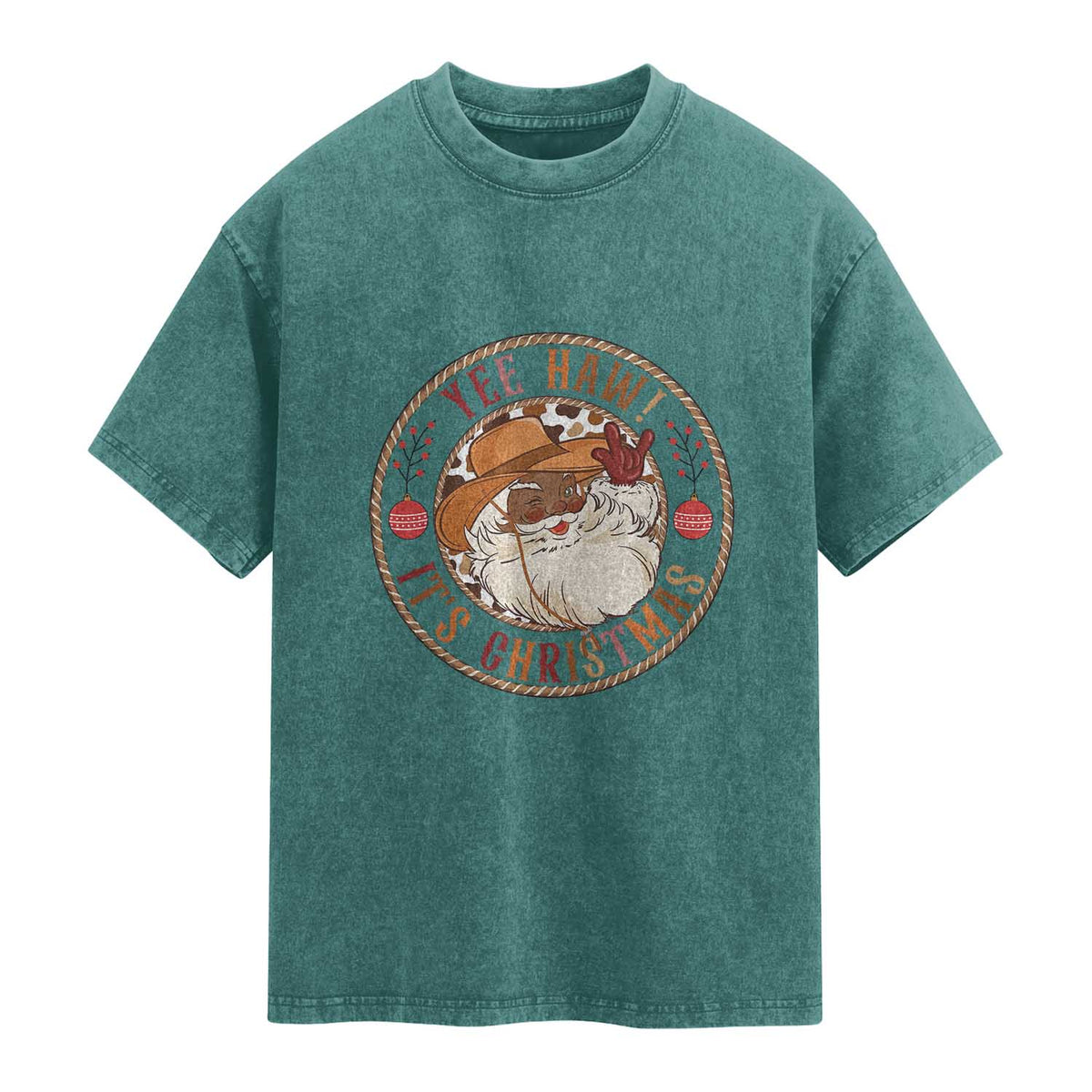 Yee Haw It Is Christmas Washed Cotton T-Shirt Funny Black Santa Cowboy