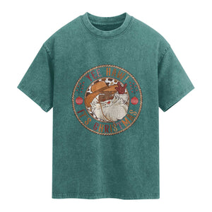 Yee Haw It Is Christmas Washed Cotton T-Shirt Funny Black Santa Cowboy