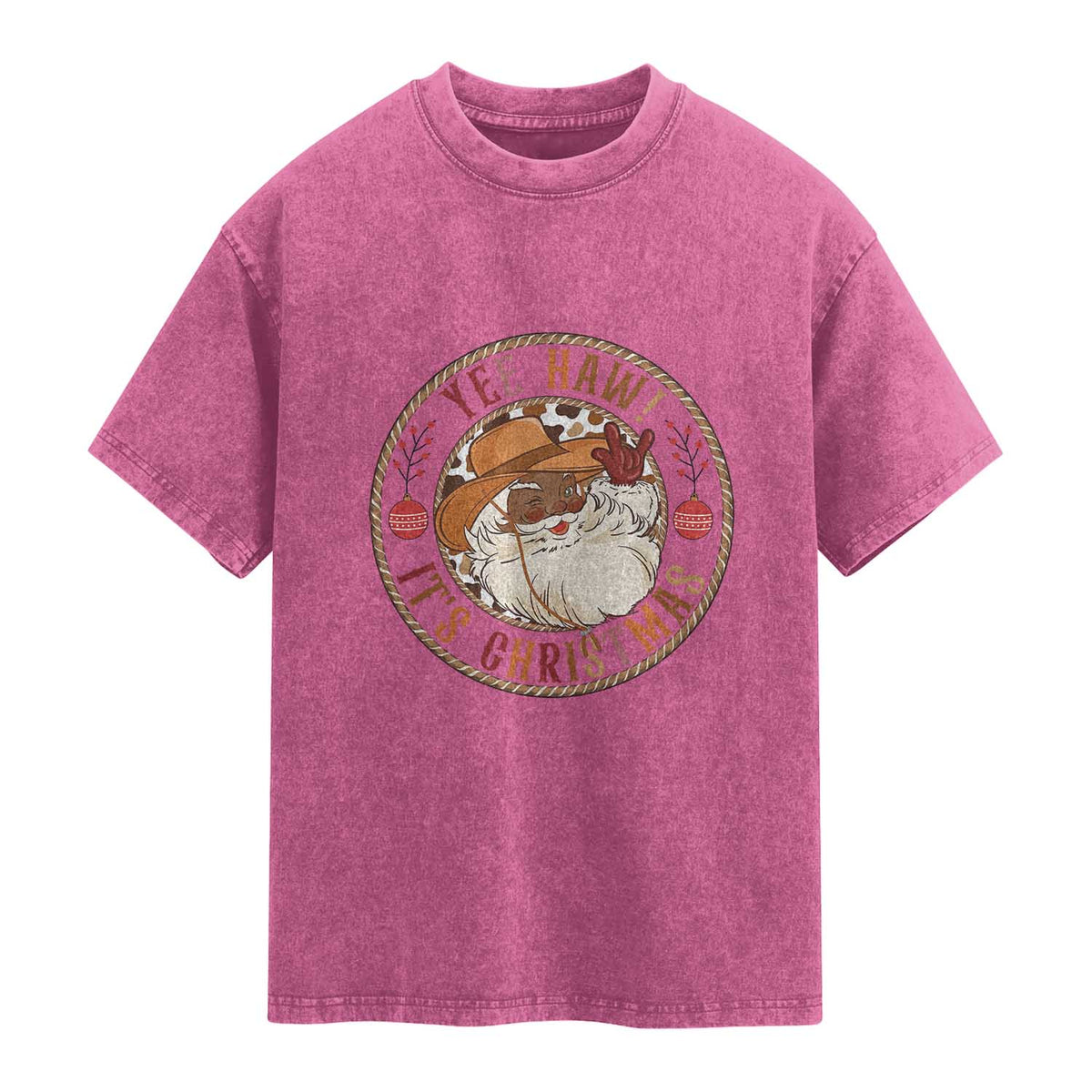 Yee Haw It Is Christmas Washed Cotton T-Shirt Funny Black Santa Cowboy