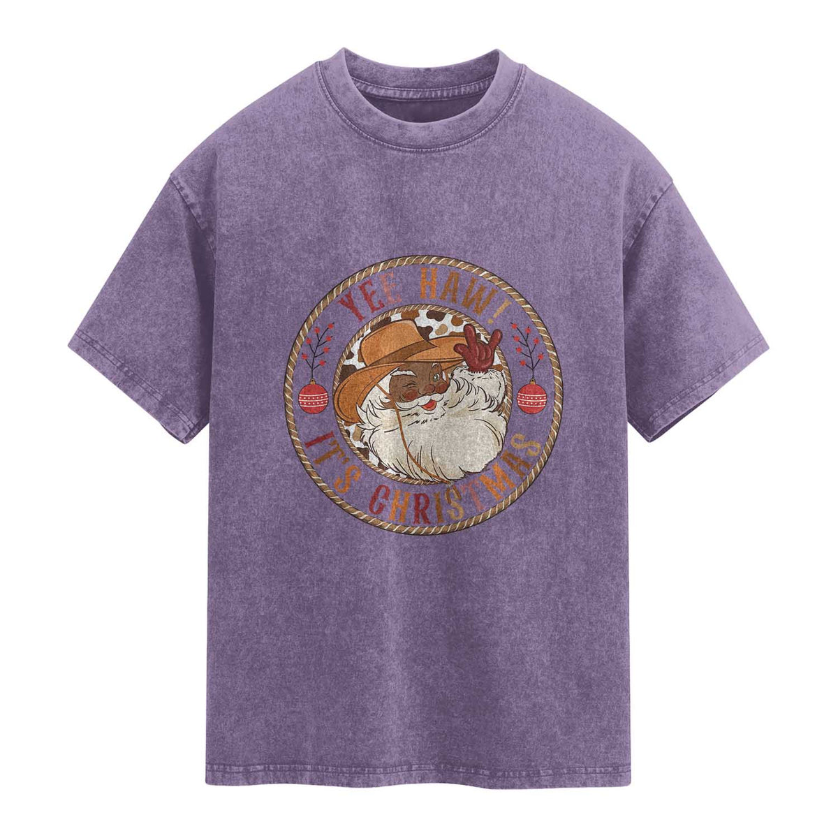 Yee Haw It Is Christmas Washed Cotton T-Shirt Funny Black Santa Cowboy