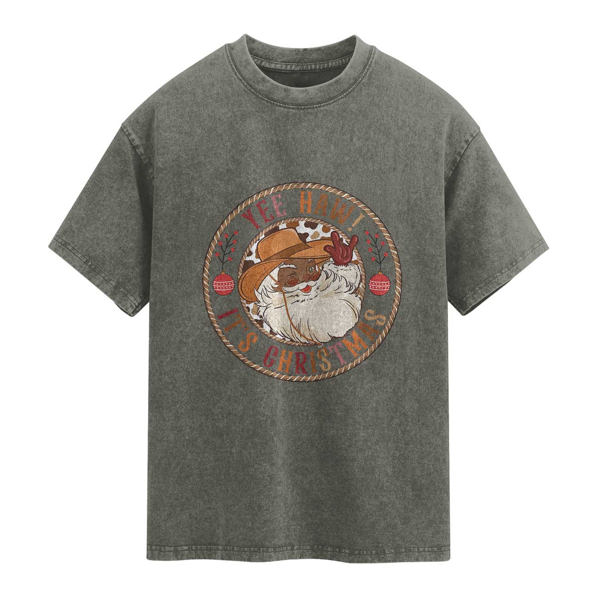 Yee Haw It Is Christmas Washed Cotton T-Shirt Funny Black Santa Cowboy