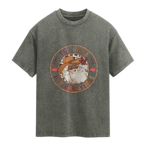 Yee Haw It Is Christmas Washed Cotton T-Shirt Funny Black Santa Cowboy