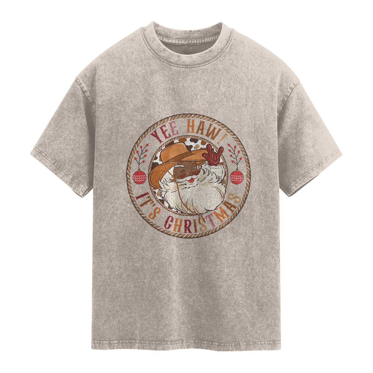 Yee Haw It Is Christmas Washed Cotton T-Shirt Funny Black Santa Cowboy
