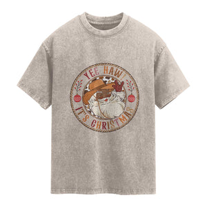 Yee Haw It Is Christmas Washed Cotton T-Shirt Funny Black Santa Cowboy