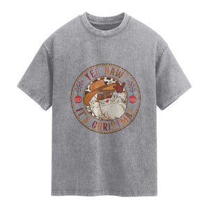 Yee Haw It Is Christmas Washed Cotton T-Shirt Funny Black Santa Cowboy