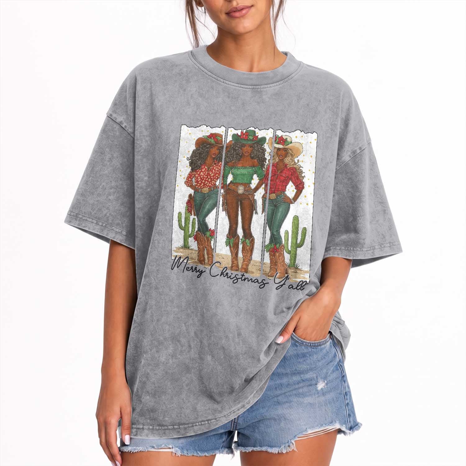 Merry Christmas Y'all Washed Cotton T-Shirt Funny Western Holiday Gift For Cowgirl