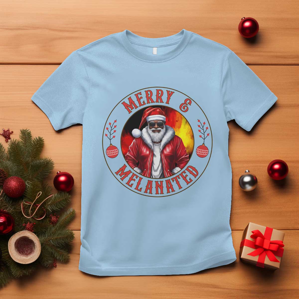 Black Santa Merry And Melanated T Shirt Christmas Holiday Gift TS12 Light Blue Print Your Wear