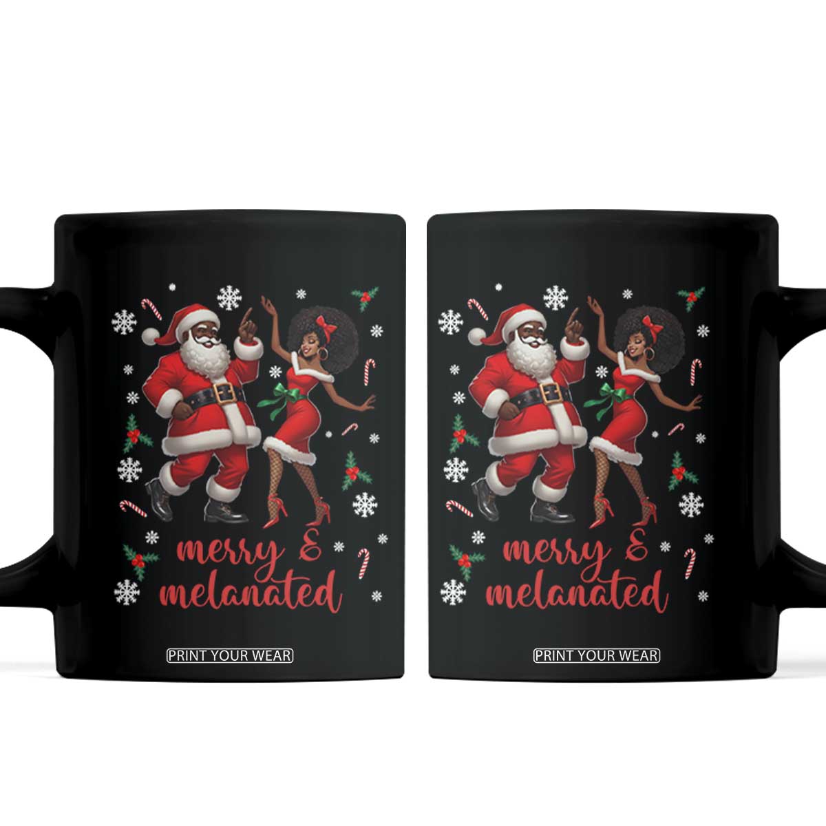 African American Christmas Coffee Mug Funny Dancing Black Santa And Mrs Claus Merry And Melanated TS12 Black Print Your Wear