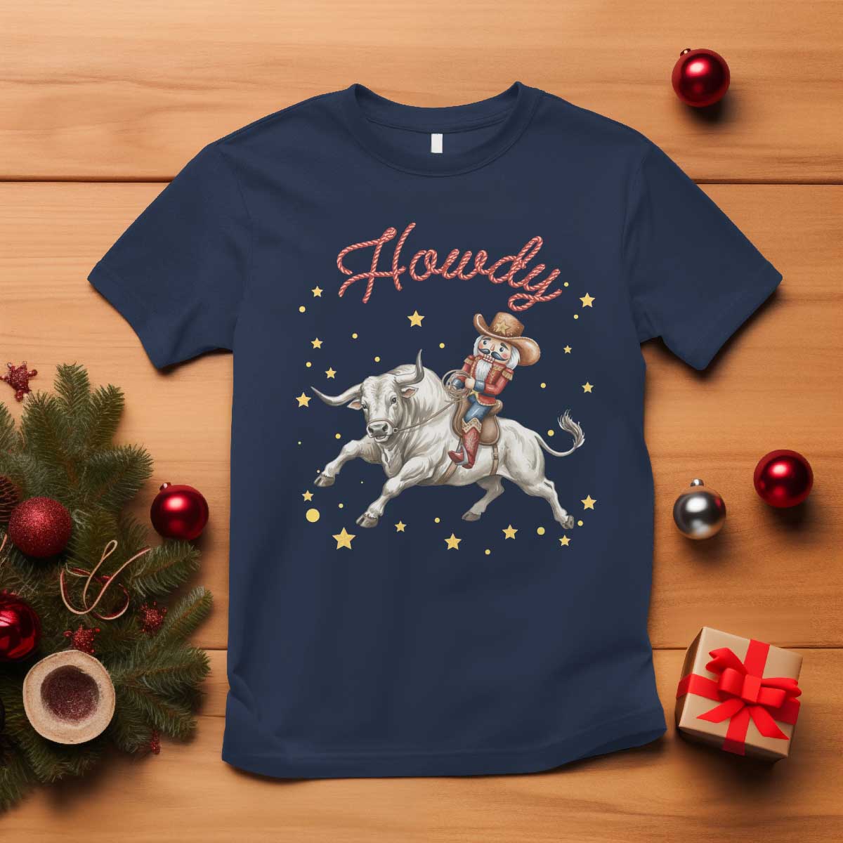 Funny Nutcracker Bull Riding T Shirt Howdy Western Christmas Holiday Gift TS12 Navy Print Your Wear