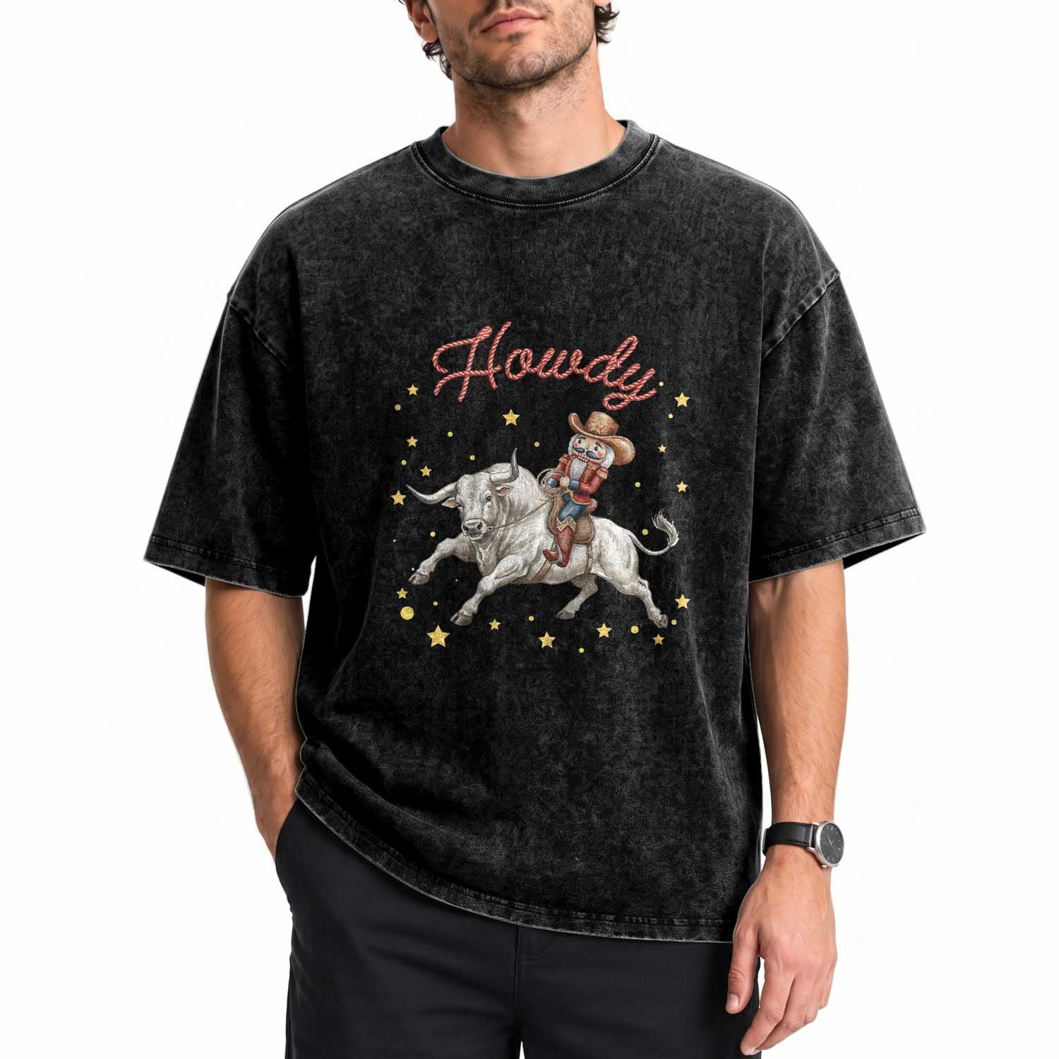 Funny Nutcracker Bull Riding Washed Cotton T-Shirt Howdy Western Christmas Holiday Gift