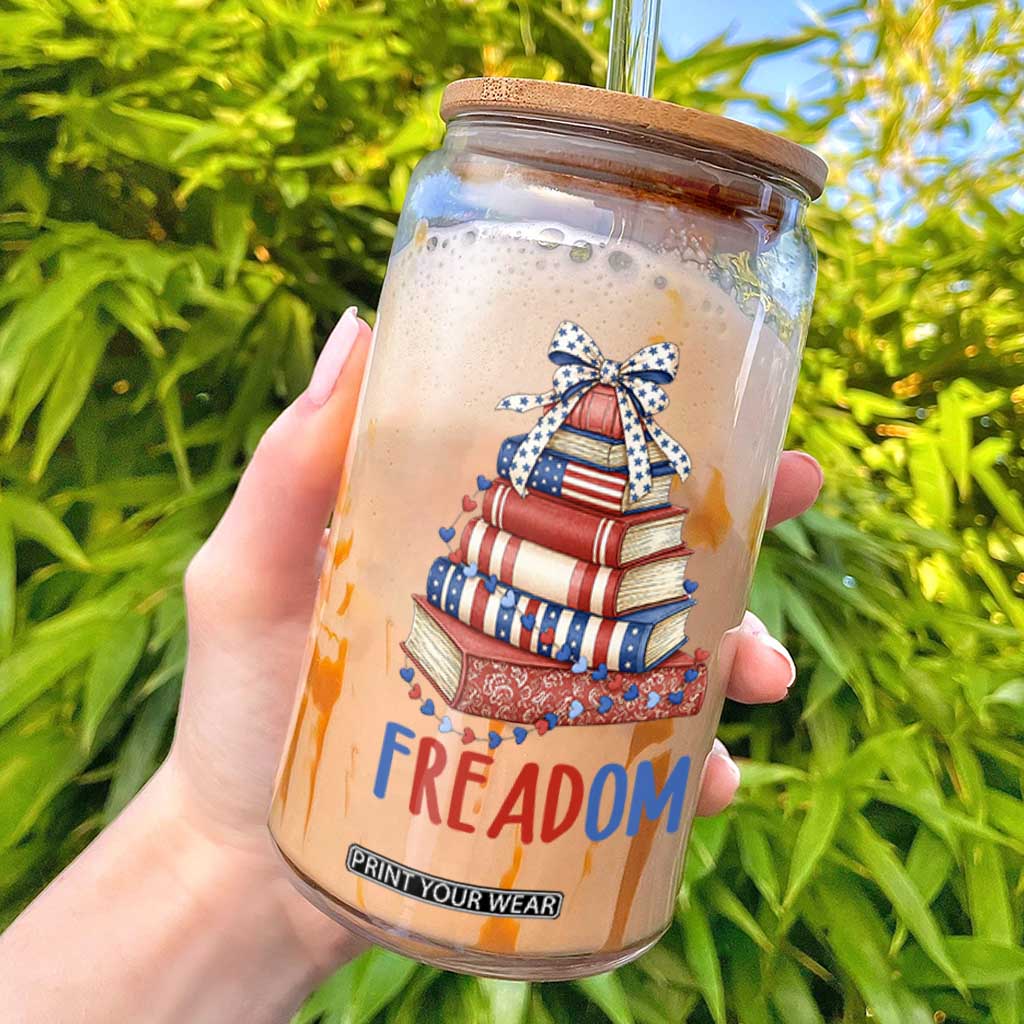 Funny Patriotic Book Lover Gift Glass Can Freadom TS12 White Print Your Wear