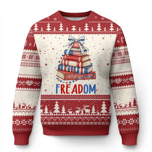 Funny Patriotic Book Lover Gift Ugly Christmas Sweater Freadom TS12 Beige Red Print Your Wear