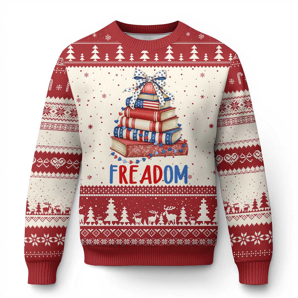 Funny Patriotic Book Lover Gift Ugly Christmas Sweater Freadom TS12 Beige Red Print Your Wear