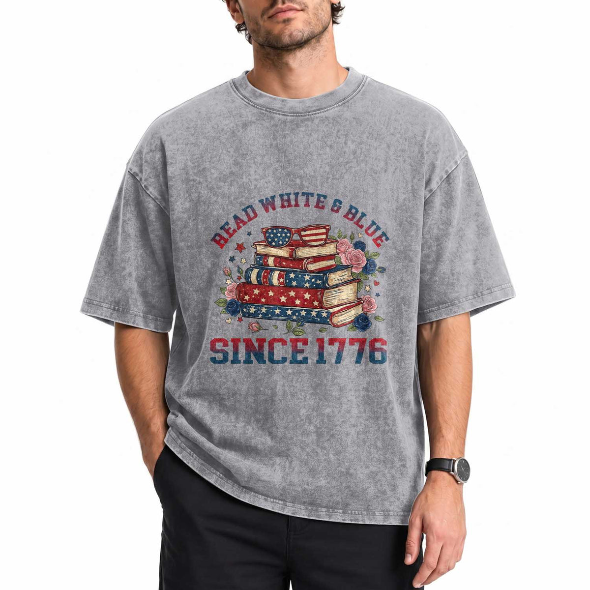 Funny Patriotic Book Lover Gift Washed Cotton T-Shirt Read White Blue Since 1776