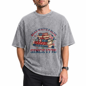 Funny Patriotic Book Lover Gift Washed Cotton T-Shirt Read White Blue Since 1776