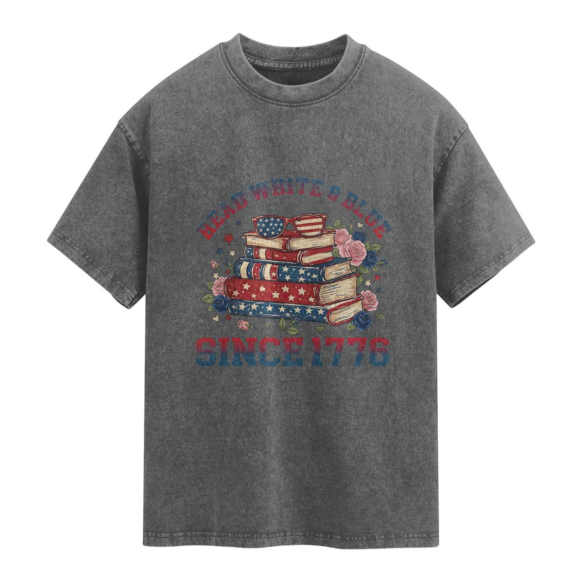 Funny Patriotic Book Lover Gift Washed Cotton T-Shirt Read White Blue Since 1776