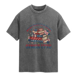 Funny Patriotic Book Lover Gift Washed Cotton T-Shirt Read White Blue Since 1776