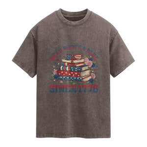 Funny Patriotic Book Lover Gift Washed Cotton T-Shirt Read White Blue Since 1776