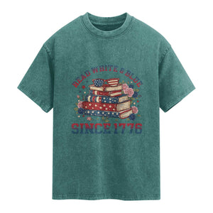 Funny Patriotic Book Lover Gift Washed Cotton T-Shirt Read White Blue Since 1776