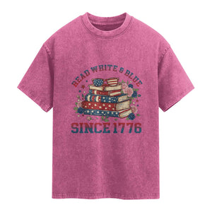 Funny Patriotic Book Lover Gift Washed Cotton T-Shirt Read White Blue Since 1776