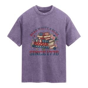 Funny Patriotic Book Lover Gift Washed Cotton T-Shirt Read White Blue Since 1776
