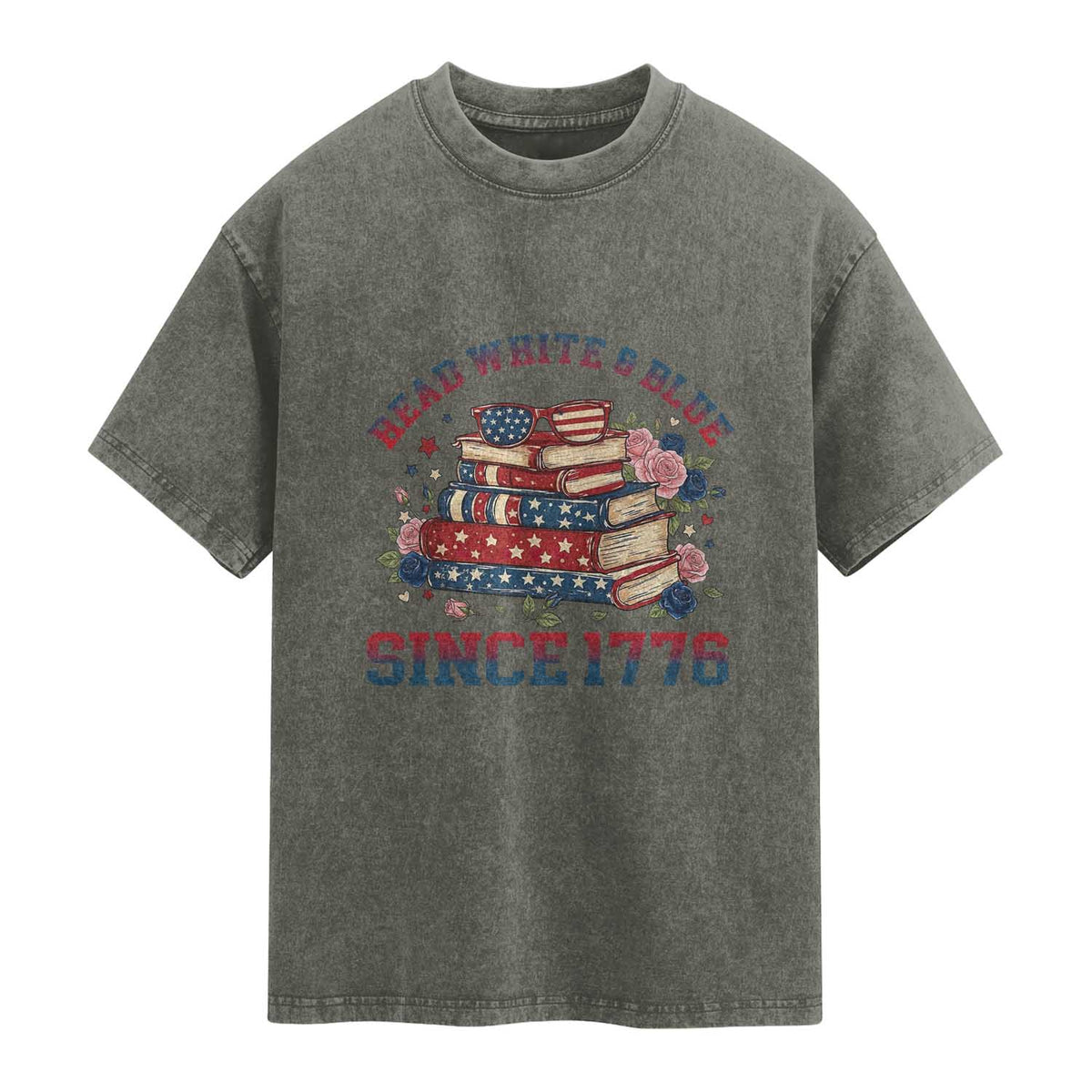 Funny Patriotic Book Lover Gift Washed Cotton T-Shirt Read White Blue Since 1776