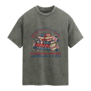 Funny Patriotic Book Lover Gift Washed Cotton T-Shirt Read White Blue Since 1776