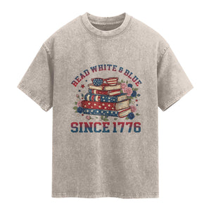 Funny Patriotic Book Lover Gift Washed Cotton T-Shirt Read White Blue Since 1776
