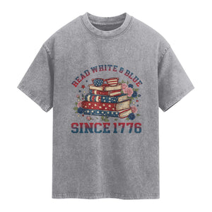 Funny Patriotic Book Lover Gift Washed Cotton T-Shirt Read White Blue Since 1776