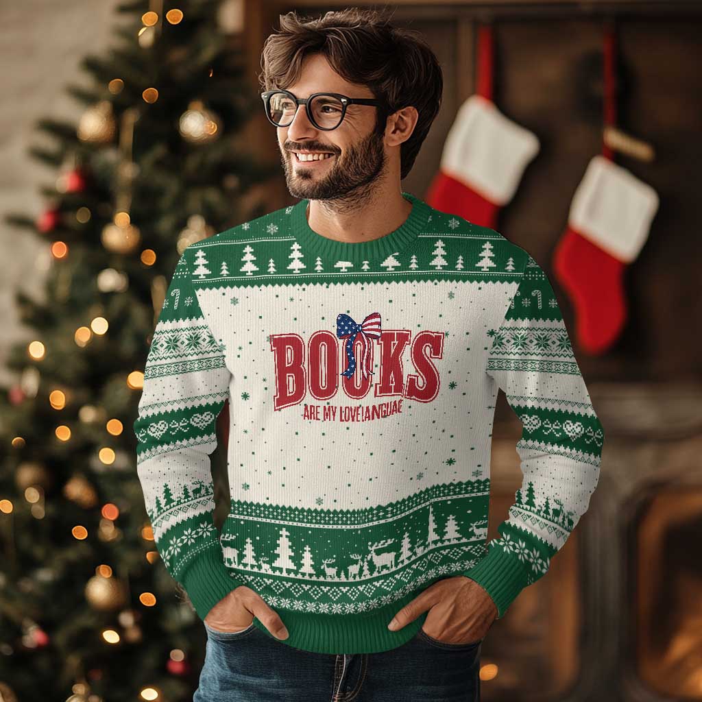 Patriotic Book Lover Gift Ugly Christmas Sweater Books Are My Love Language TS12 Beige Green Print Your Wear