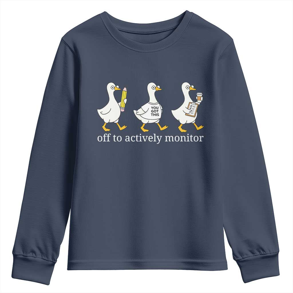 Funny Goose Teacher Testing Day Youth Sweatshirt Off to Actively Monitor TS12 Navy Print Your Wear