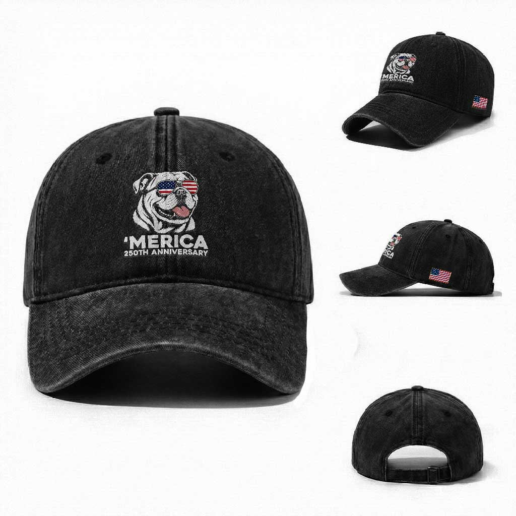 Merica English Bulldog Lover Washed Cotton Baseball Cap 250th Anniversary Gift TS12 Washed Cap Universal Fit Black Print Your Wear
